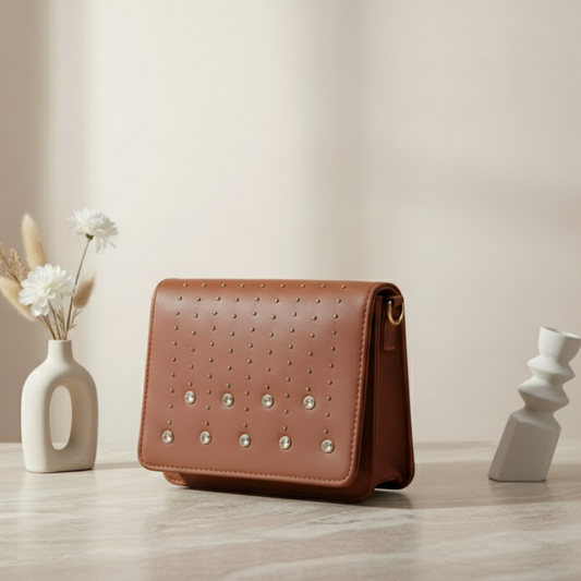 Tan Studded & Crystal Sling Bag