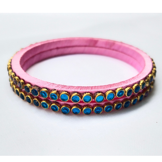 Handcrafted Pink Silk Bangles with Purple Stones | Set of 2