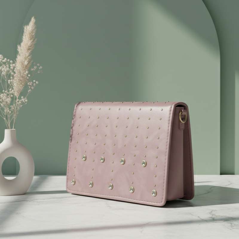 Mauve Studded & Crystal Flap Bag