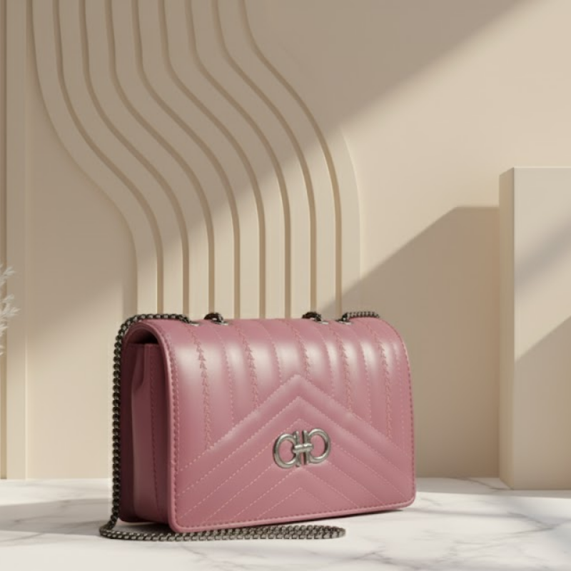 Dusty Rose Chevron Quilted Chain Bag