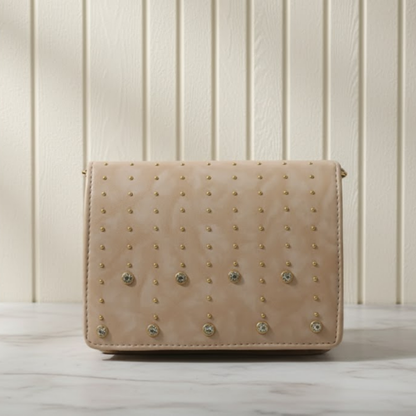Taupe Studded & Crystal Embellished Flap Bag