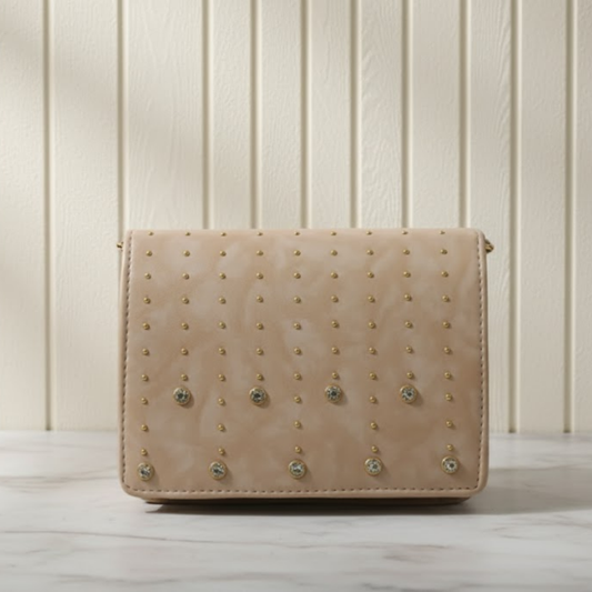 Taupe Studded & Crystal Embellished Flap Bag