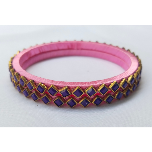 Handcrafted Pink Silk Bangles with Purple Stones | Set of 2