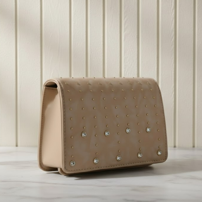 Taupe Studded & Crystal Embellished Flap Bag