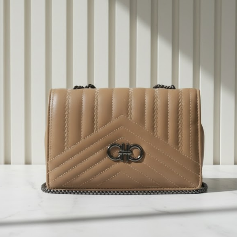 Classic Camel Chevron Quilted Chain Bag