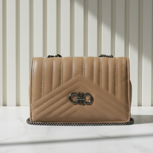Classic Camel Chevron Quilted Chain Bag