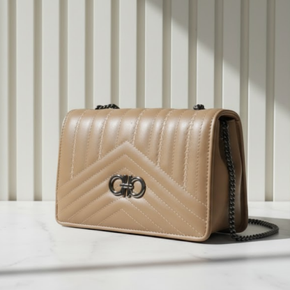 Classic Camel Chevron Quilted Chain Bag