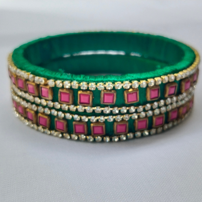 Green Silk Thread Bangles with Pink Stones | Handmade Bridal Bangle Set (Pair)