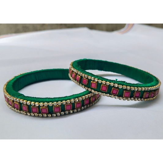 Green Silk Thread Bangles with Pink Stones | Handmade Bridal Bangle Set (Pair)