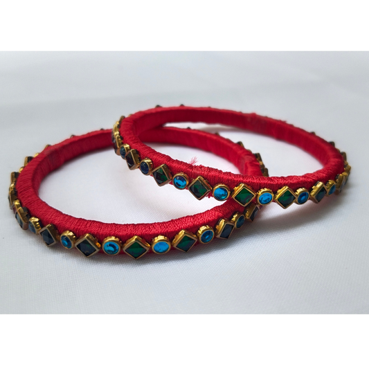 Red Silk Thread Bangles | Handmade Traditional Ethnic Stone Bangles (Pair)