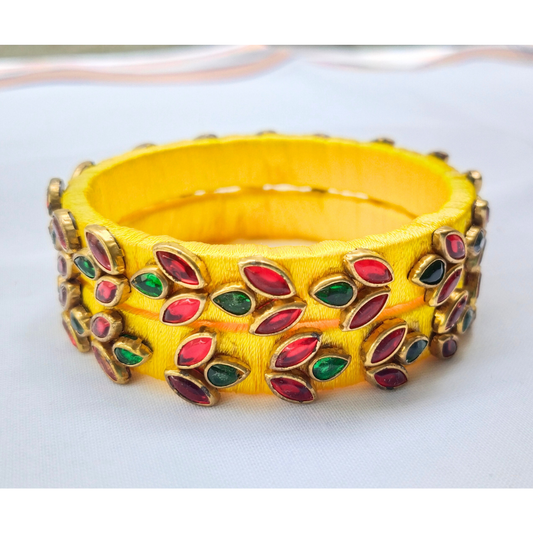 Yellow & Red Stone Studded Bangles | Classic Handmade Jewellery Set