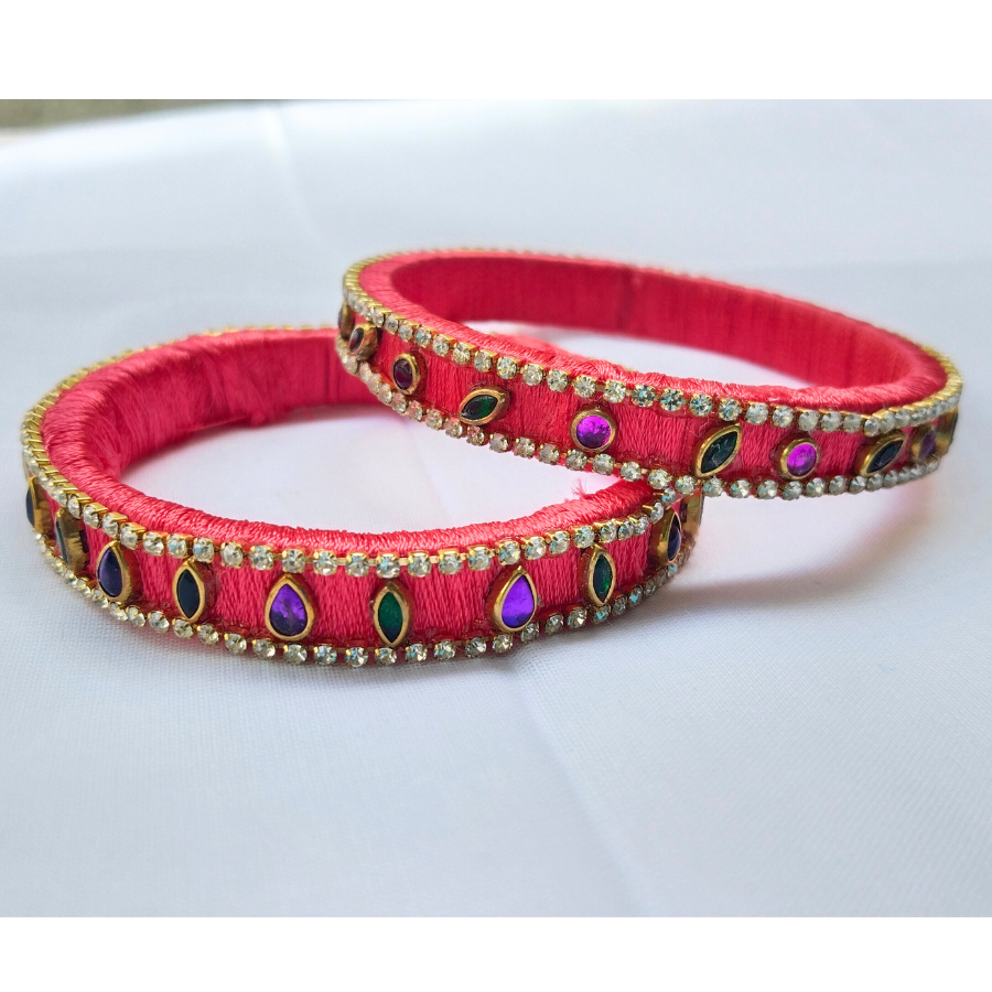 Red & Pink Stone Bangles | Elegant Handmade Set