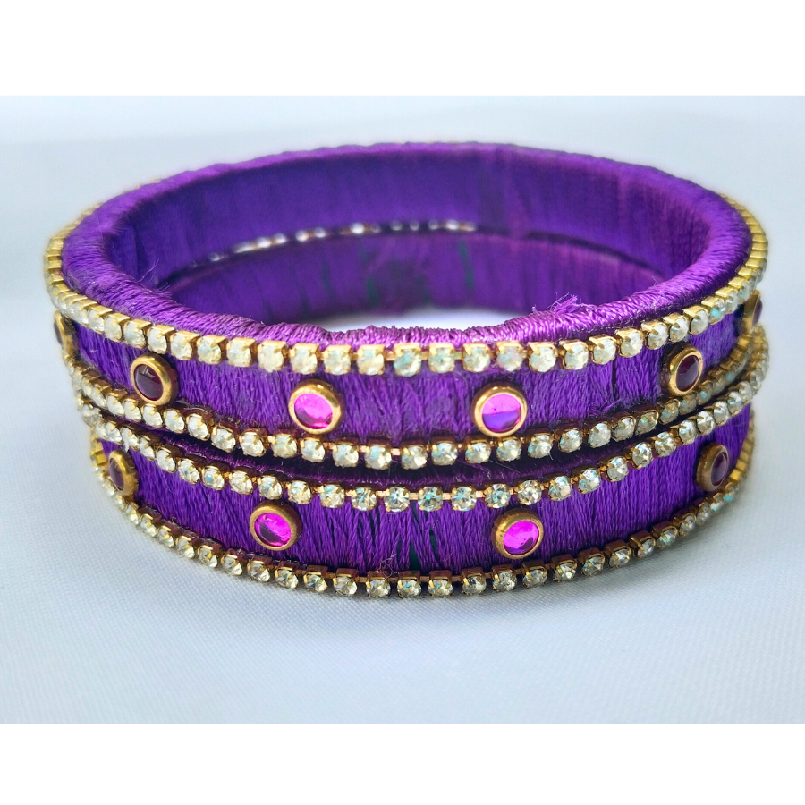 Purple Stone Bangles | Elegant Thread-Wrapped Pair