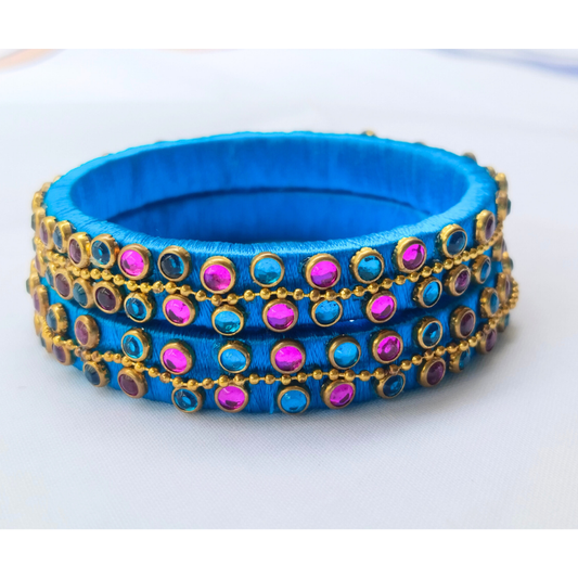 Sky Blue Stone Bangles | Intricate Double-Layered Pair