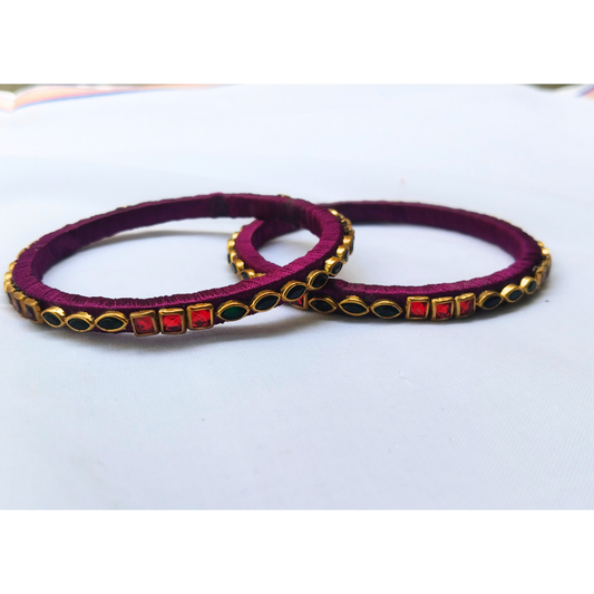 Purple Silk Thread Bangles | Handmade Ethnic Stone Bangles with Red & Green Accents (Pair)