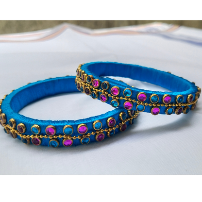 Sky Blue Stone Bangles | Intricate Double-Layered Pair