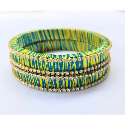 Teal & Yellow Thread Bangles | Dual Tone Delight