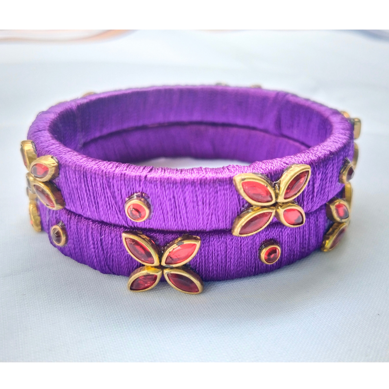 Purple Floral Charm Bangles | Petal-Stone Accent Pair