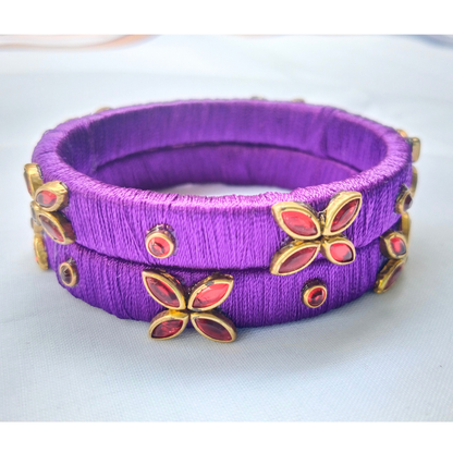 Purple Floral Charm Bangles | Petal-Stone Accent Pair