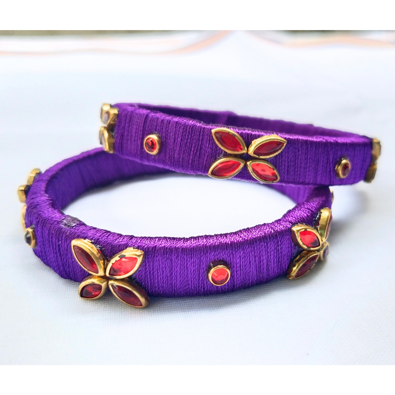 Purple Floral Charm Bangles | Petal-Stone Accent Pair