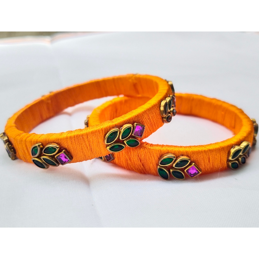 Orange Silk Thread Bangles | Handmade Ethnic Bangles with Green & Pink Stone Design (Pair)