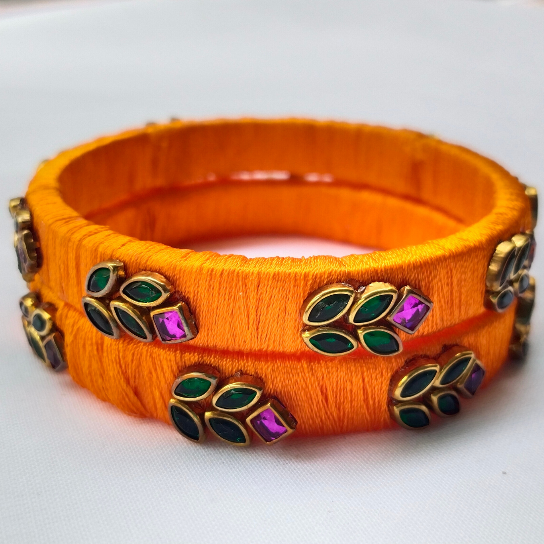 Orange Silk Thread Bangles | Handmade Ethnic Bangles with Green & Pink Stone Design (Pair)