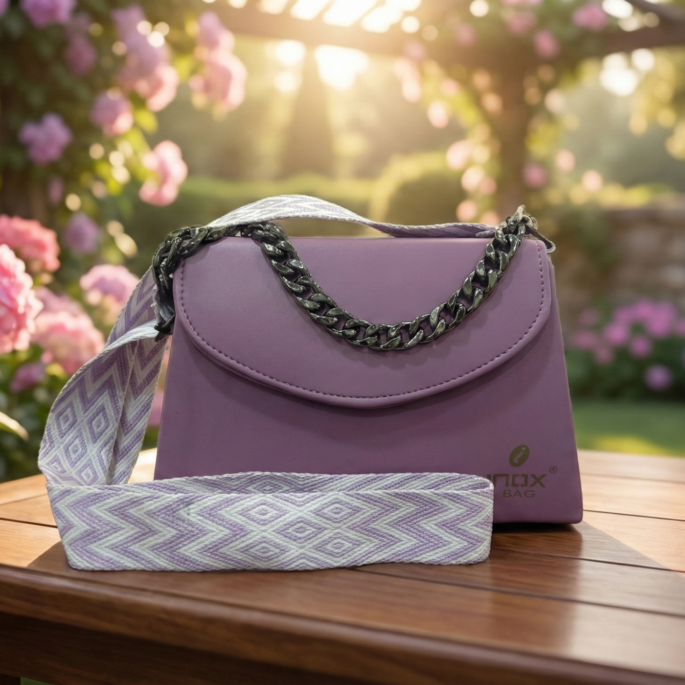 Pastel Pink Sling Bag with Patterned Strap