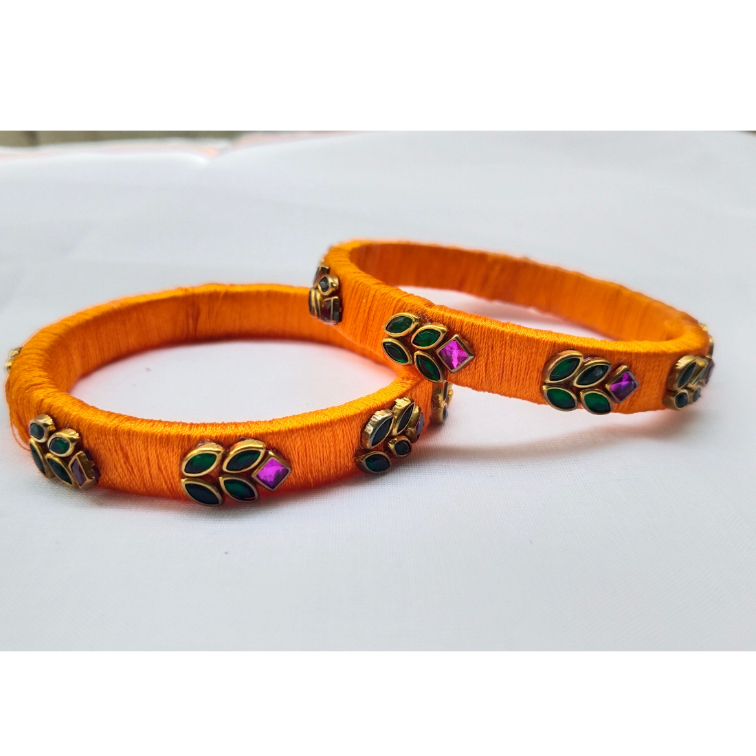 Orange Silk Thread Bangles | Handmade Ethnic Bangles with Green & Pink Stone Design (Pair)