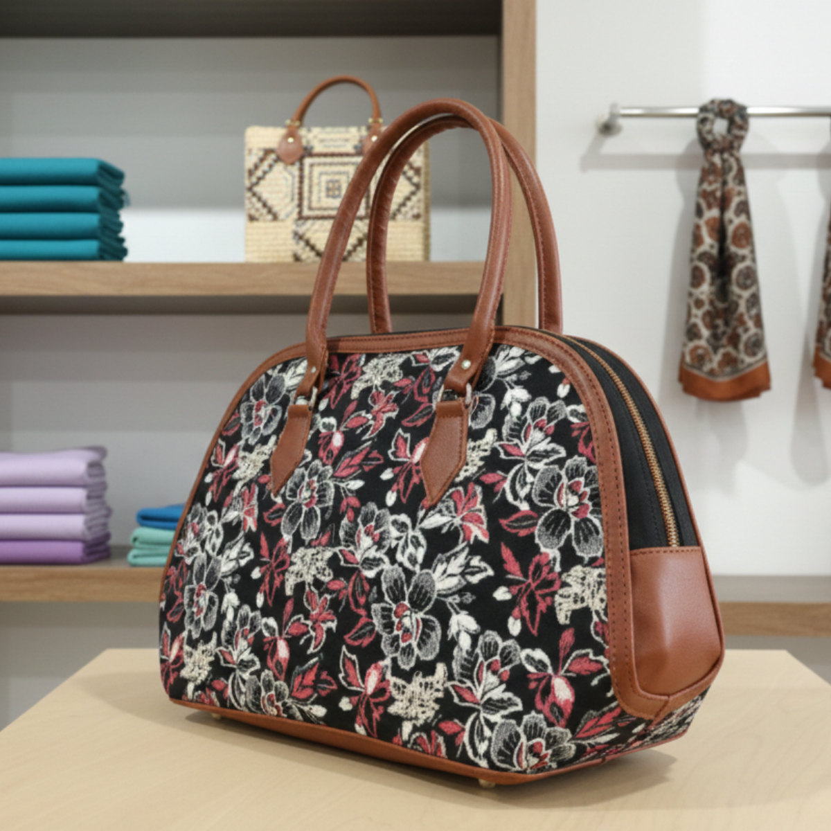 Black Floral Handheld Tote Bag