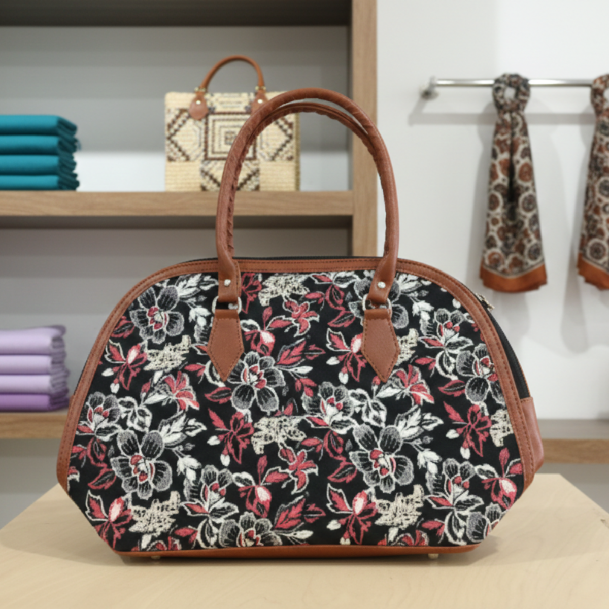 Black Floral Handheld Tote Bag