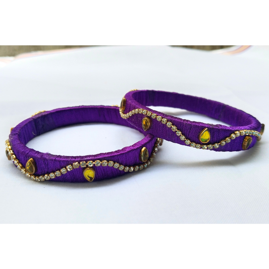 Purple Silk Thread Bangles | Handmade Rhinestone & Golden Stone Wave Design Bangles (Pair)
