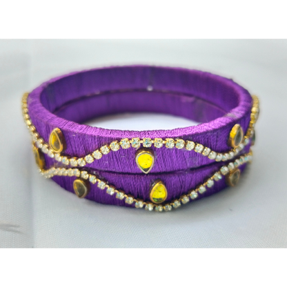 Purple Silk Thread Bangles | Handmade Rhinestone & Golden Stone Wave Design Bangles (Pair)