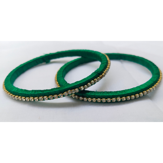 Green Silk Thread Bangles | Handmade Ethnic Bangles with Sparkling Rhinestone Border (Pair)