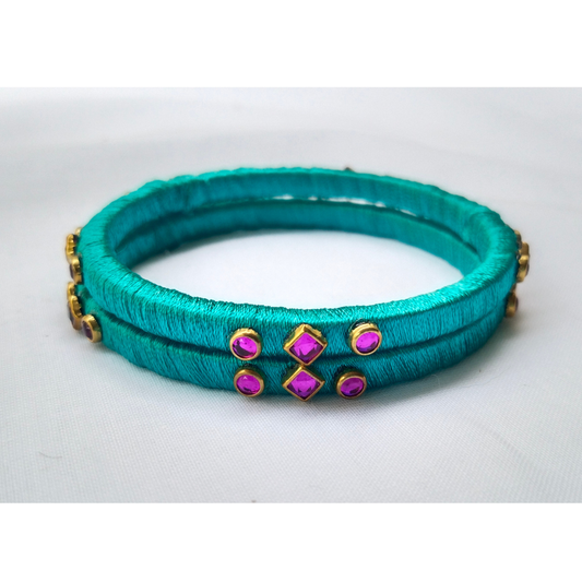 Teal Silk Thread Bangles | Handmade Ethnic Bangles with Pink Stone Accents (Pair)
