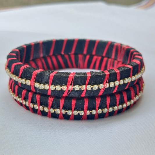Black & Red Silk Thread Bangles | Handmade Striped Ethnic Bangles with Rhinestones (Pair)