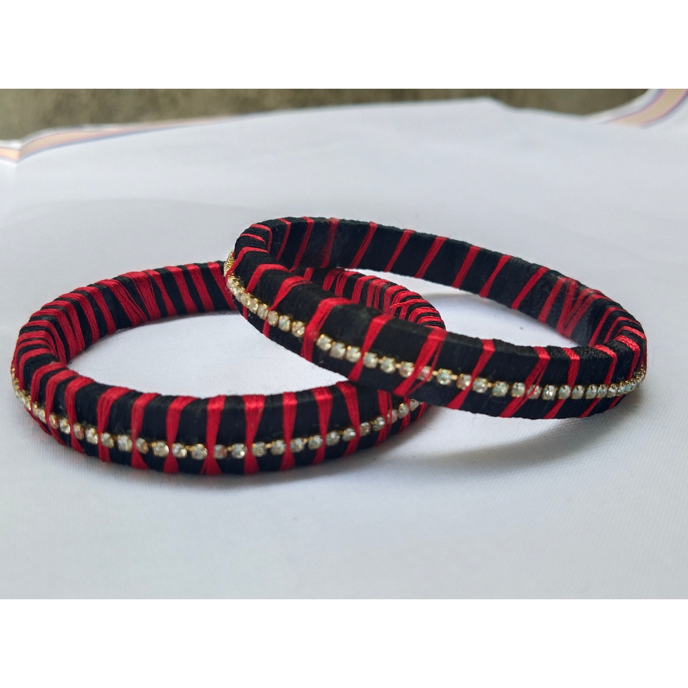 Black & Red Silk Thread Bangles | Handmade Striped Ethnic Bangles with Rhinestones (Pair)