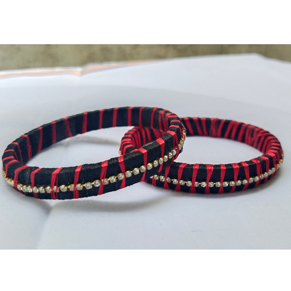 Black & Red Silk Thread Bangles | Handmade Striped Ethnic Bangles with Rhinestones (Pair)