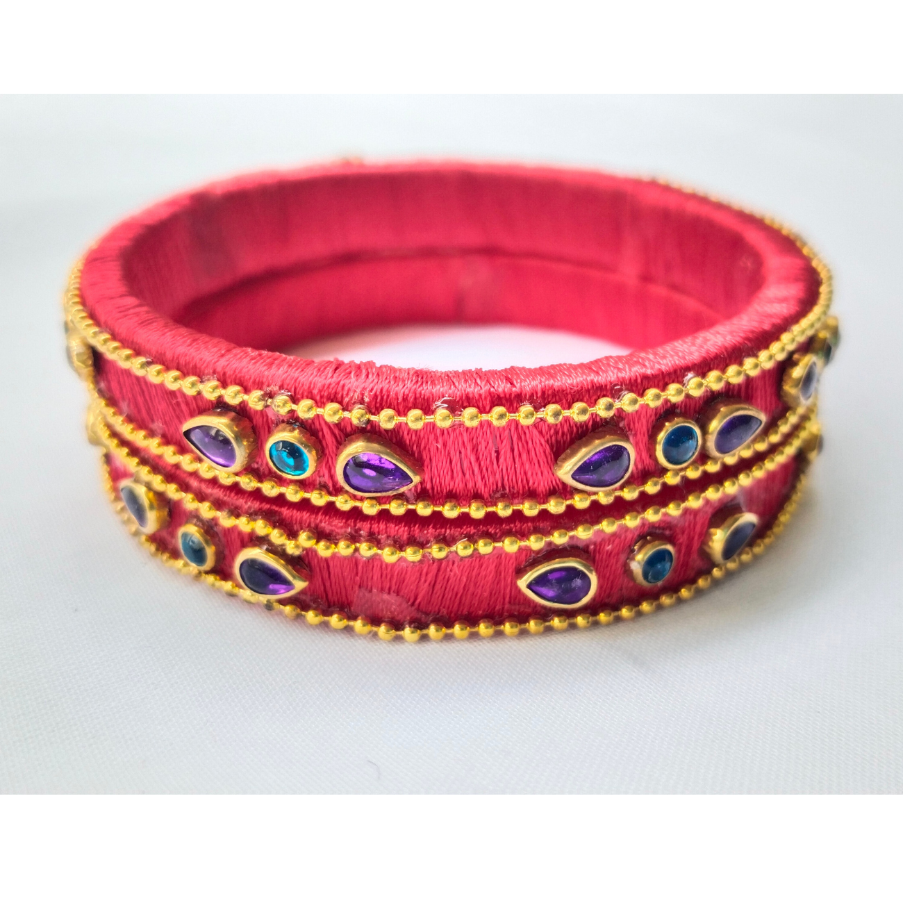 Red Silk Thread Bangles | Handmade Ethnic Bangles with Multi-Coloured Stones (Pair)
