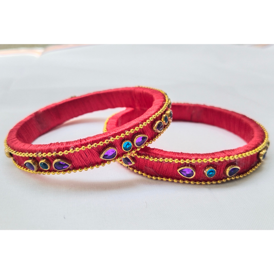 Red Silk Thread Bangles | Handmade Ethnic Bangles with Multi-Coloured Stones (Pair)