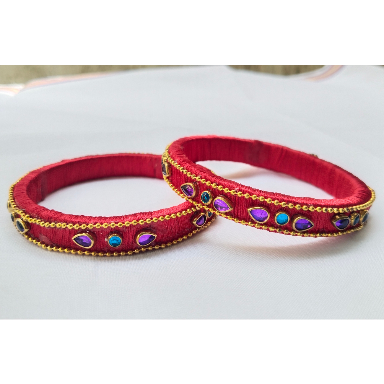 Red Silk Thread Bangles | Handmade Ethnic Bangles with Multi-Coloured Stones (Pair)
