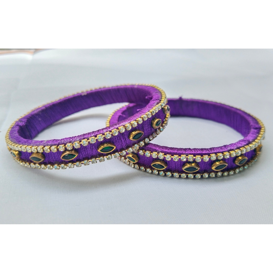 Purple Silk Thread Bangles | Handmade Stone & Rhinestone Ethnic Bangles (Pair)