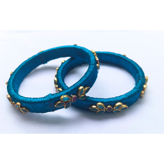Teal Blue Silk Thread Bangles | Handmade Traditional Ethnic Stone Bangles (Pair)