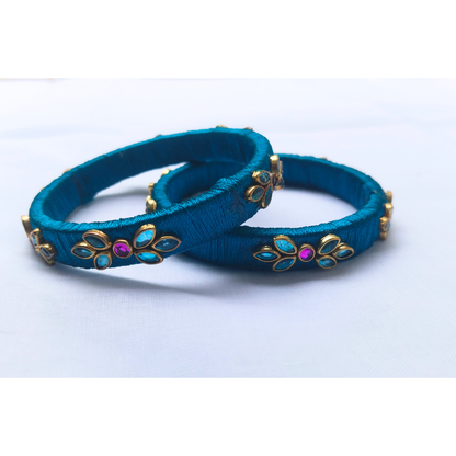 Teal Blue Silk Thread Bangles | Handmade Traditional Ethnic Stone Bangles (Pair)