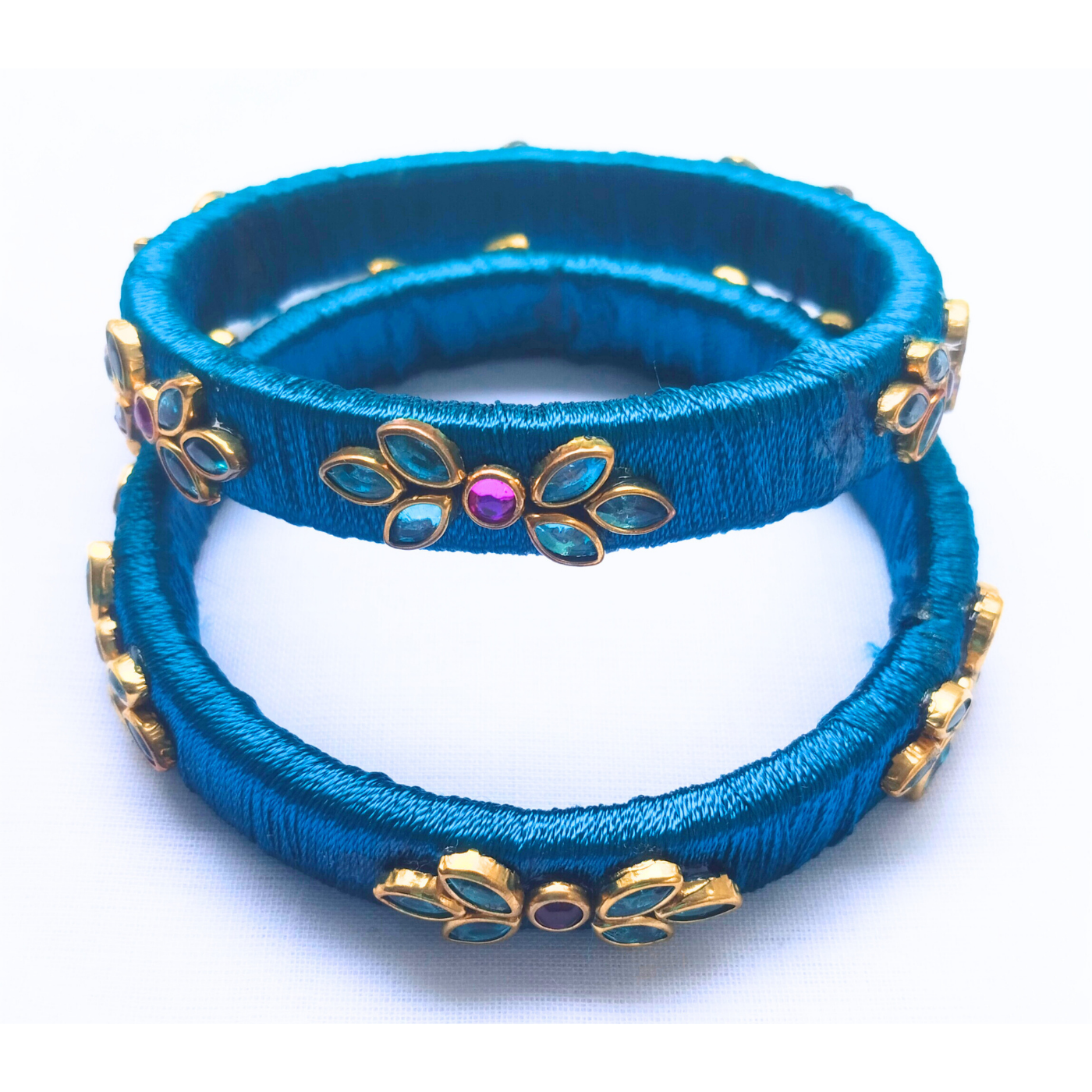 Teal Blue Silk Thread Bangles | Handmade Traditional Ethnic Stone Bangles (Pair)