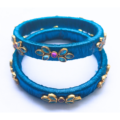 Teal Blue Silk Thread Bangles | Handmade Traditional Ethnic Stone Bangles (Pair)