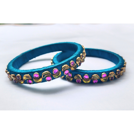 Teal & Pink Studded Bangles | Festive Handcrafted Stone Bangles (Pair)