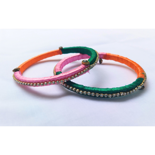 Dual-Tone Pink & Green Bangles | Colourblock Handmade Bangles (Pair)