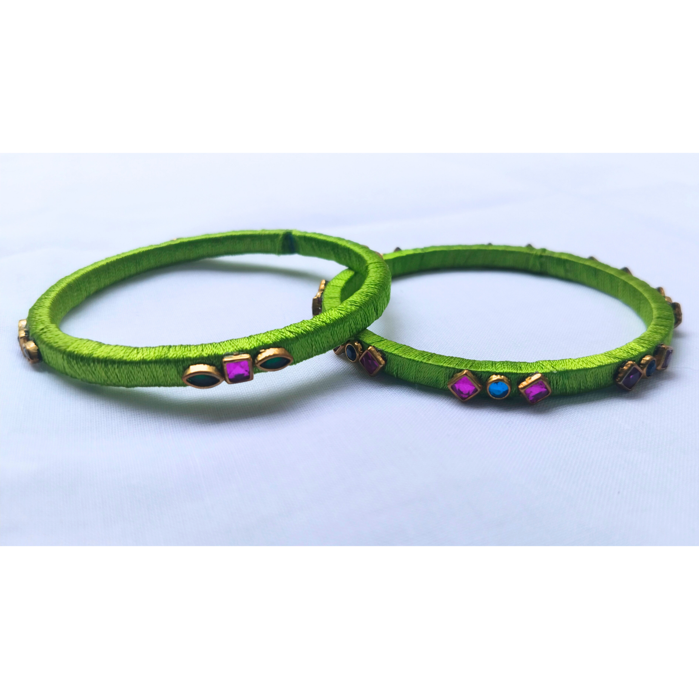 Parrot Green Stone Bangles | Handmade Silk Thread Bangles (Pair)