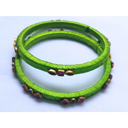 Parrot Green Stone Bangles | Handmade Silk Thread Bangles (Pair)