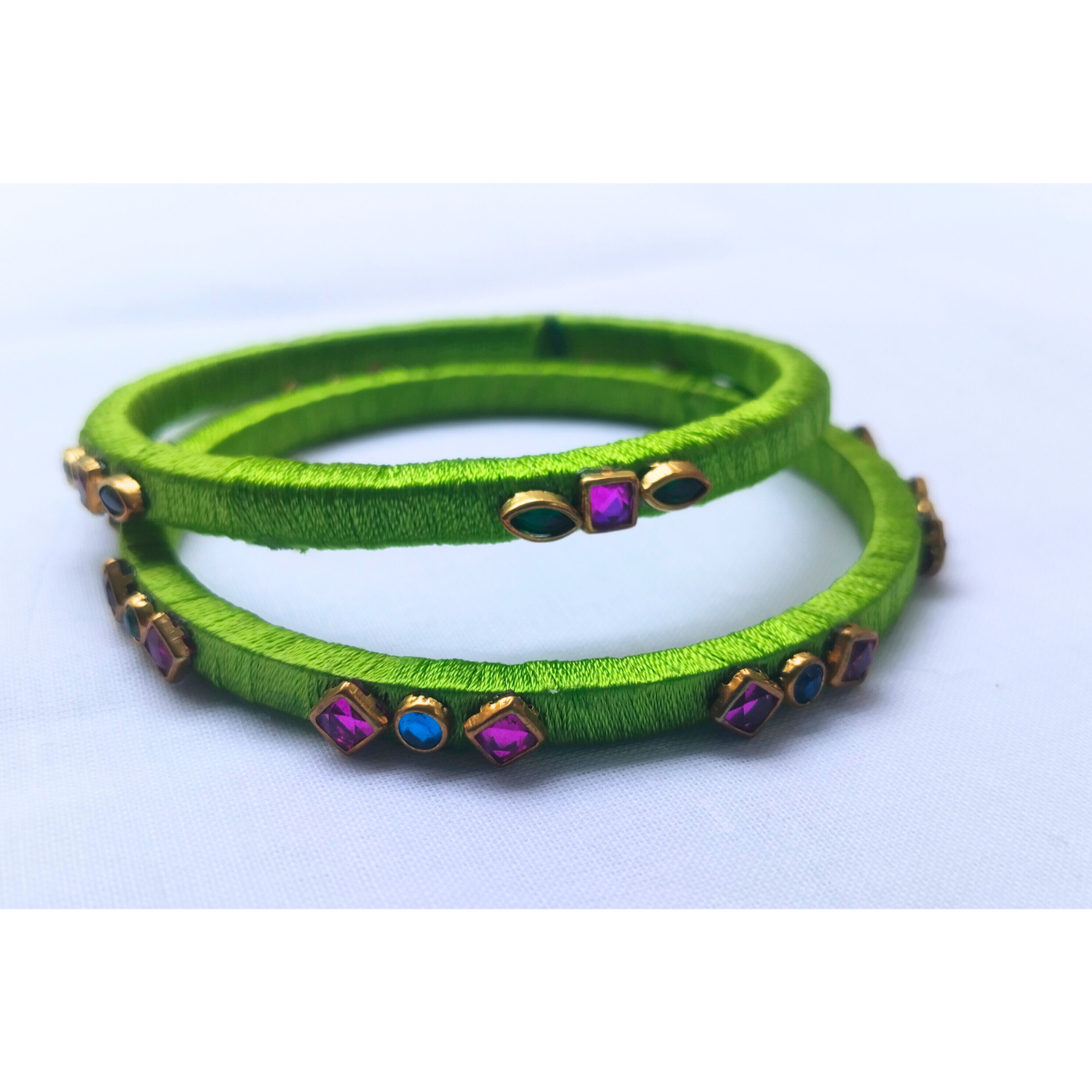 Parrot Green Stone Bangles | Handmade Silk Thread Bangles (Pair)
